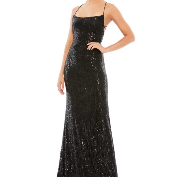 MAC DUGGAL 26269 STRETCH SEQUIN LACE BACK EVENING BLACK GOWN sz 6